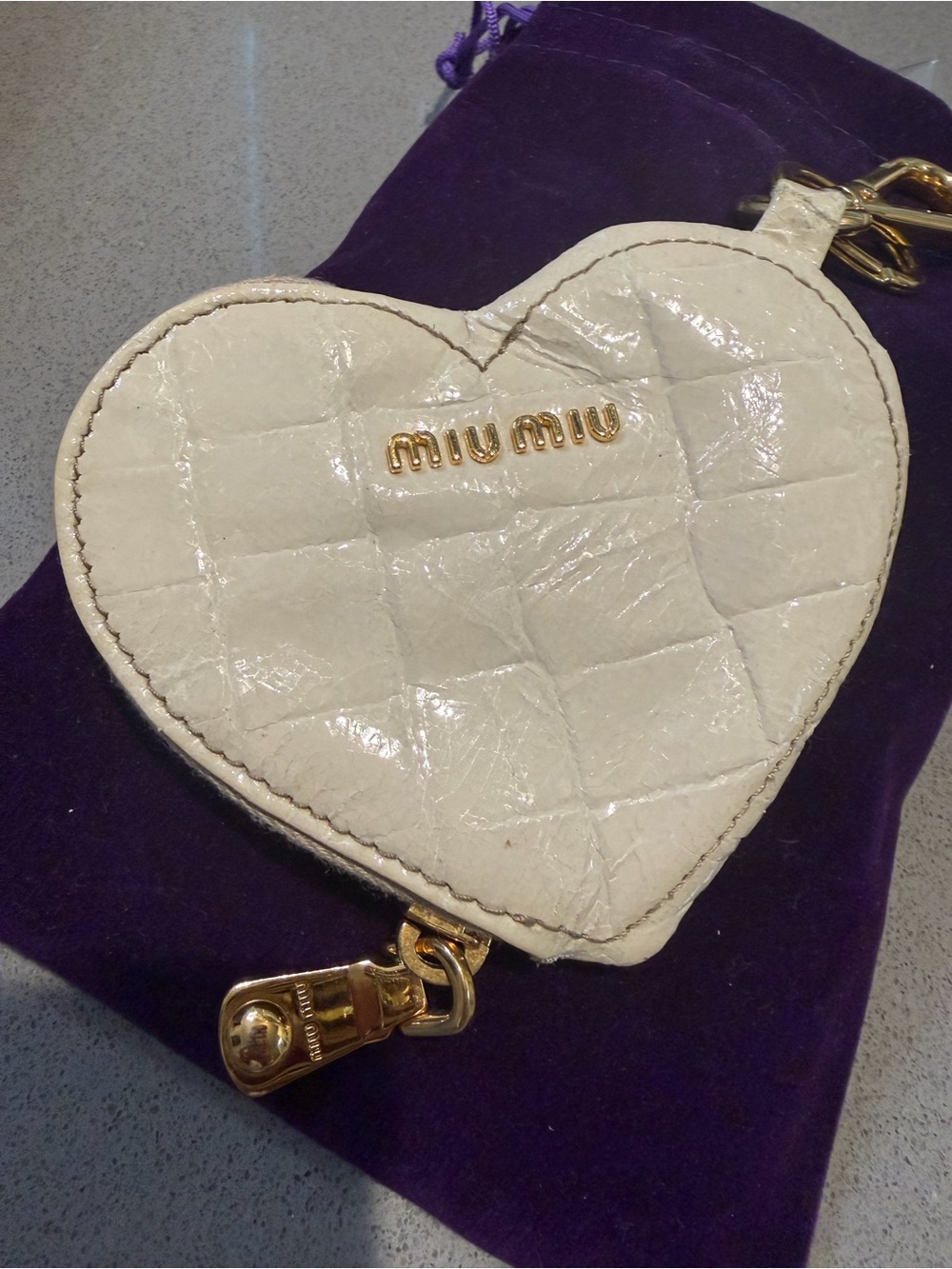 Miu Miu Cream Quilted Heart Coin purse/Charm with Gold Hardware
